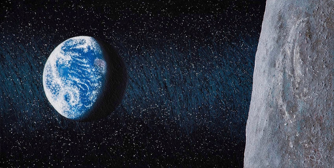 Original painting by E. Lee Wilson, Jr.: a textured blue Earth against a star-filled sky, with the lunar surface along the right edge.