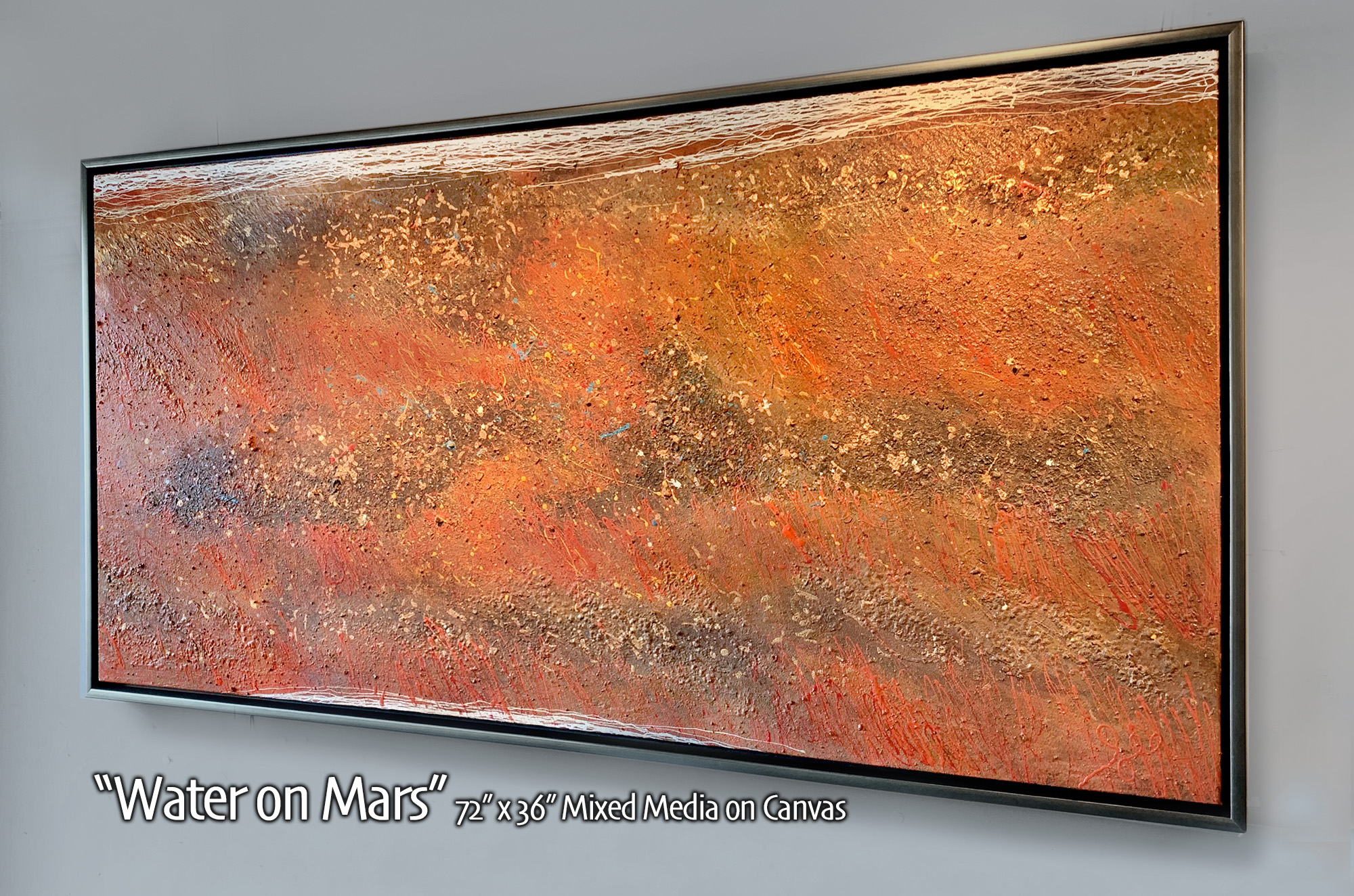 Water on Mars!, a framed, richly textured orange and red artwork by E. Lee Wilson, Jr.